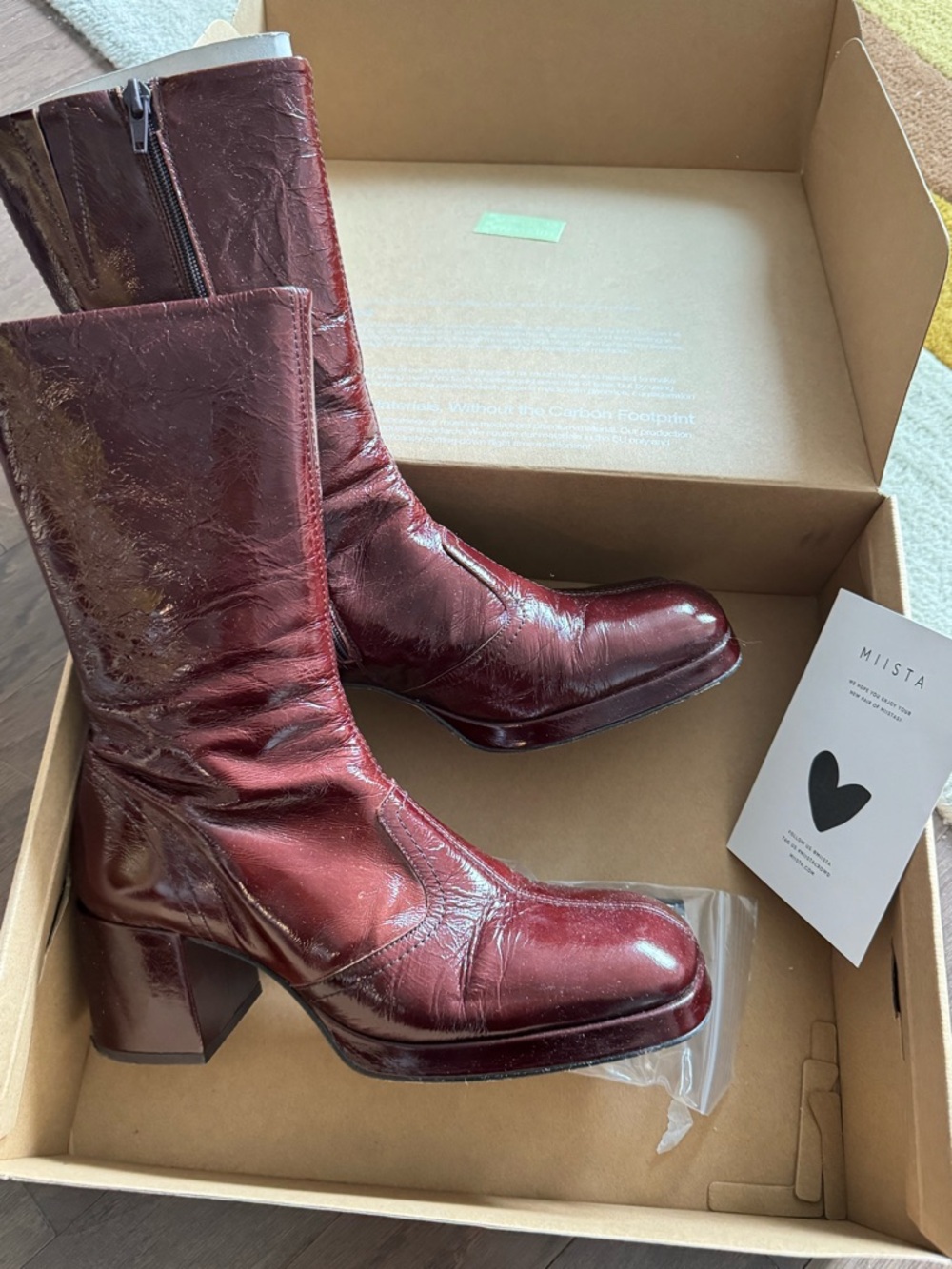 Miista Burgundy Patent Leather Mid-Calf Heeled Boots